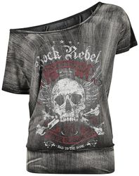 Tmavosivé tričko so širokým výstrihom a potlačou, Rock Rebel by EMP, Tričko