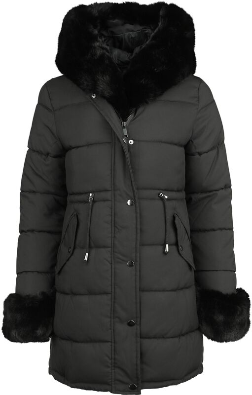 Kabát s vypchávkou, kapucňou a lemom z imitácie kožušiny
