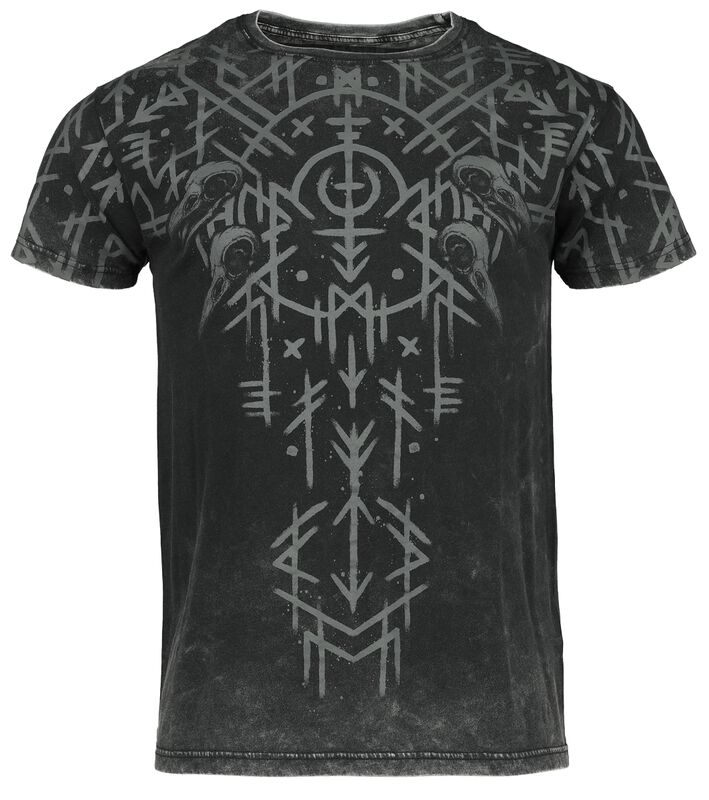Black Washed T-Shirt With Runes And Skulls