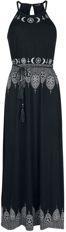 Čierne maxi šaty s potlačami a tenkým opaskom