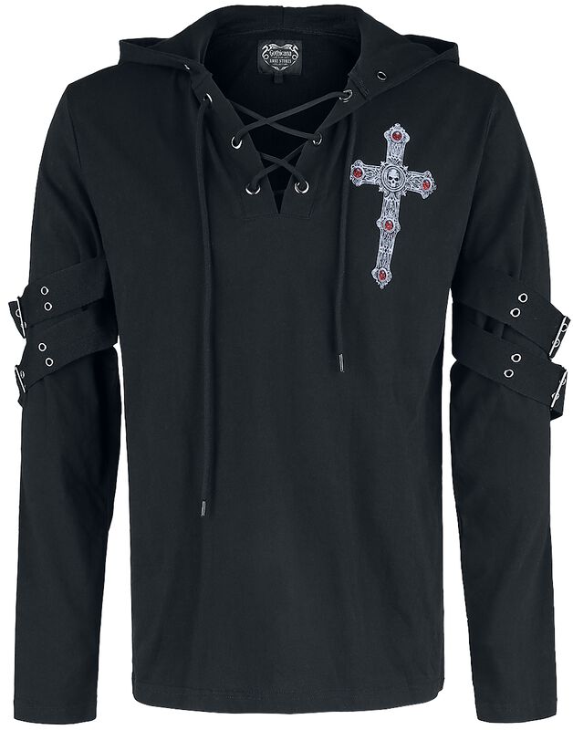Čierne tričko Gothicana X Anne Stokes s potlačou, šnurovaním a dlhými rukávmi